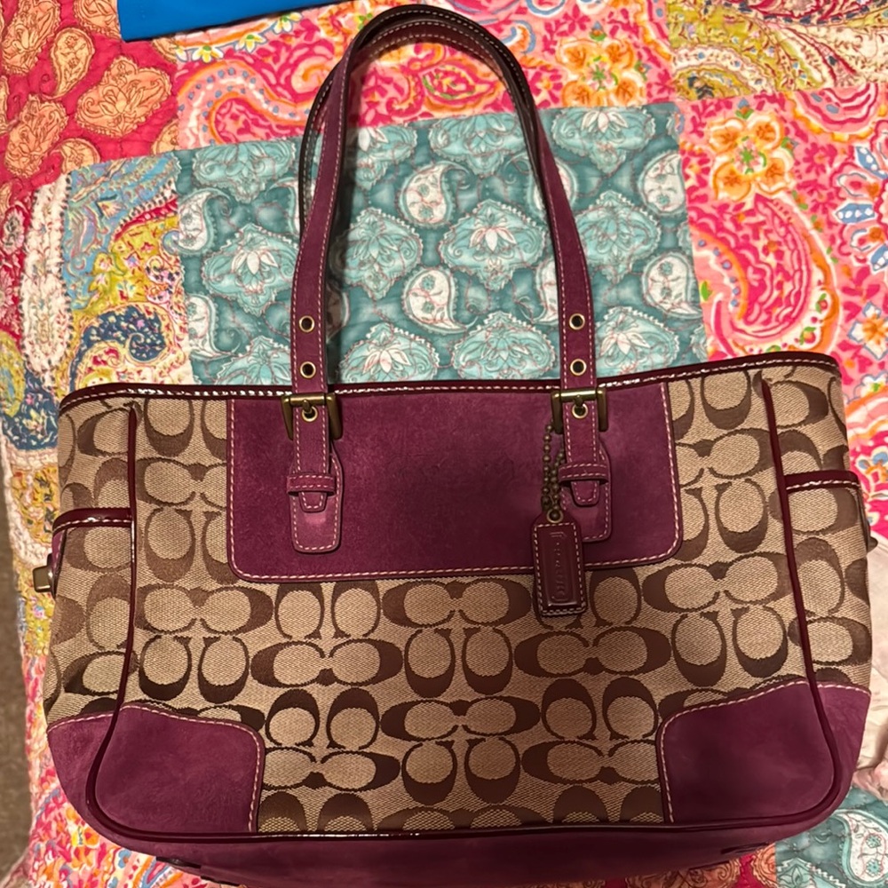 Coach Signature Canvas and Leather Tote Bag - Purple
